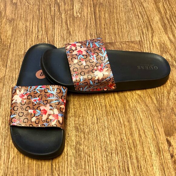 NWOT Guess Brown Floral Slip On Slide Sandals Size 8 - Picture 1 of 12